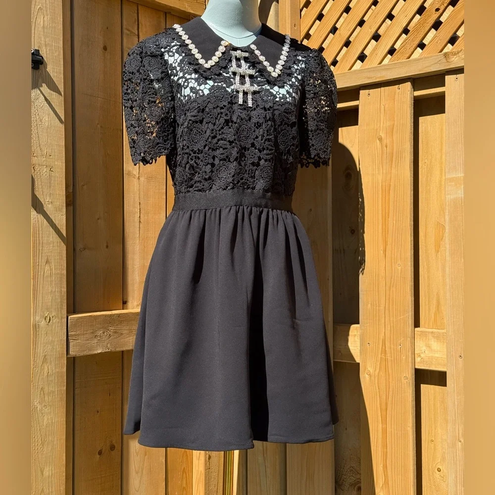 🆕 SELF PORTRAIT 🧿 NWOT Black Guipure Diamante Lace Mini Dress - Sz UK 10 US 6 - Picture 11 of 16